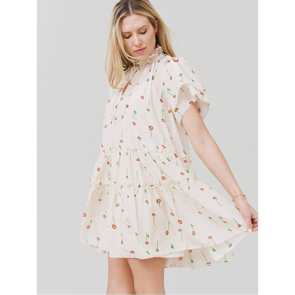 Hunter Bell Merritt Mini Dress Cream Cotton Silk Tiered Flutter Feminine L NWT - Picture 3 of 14